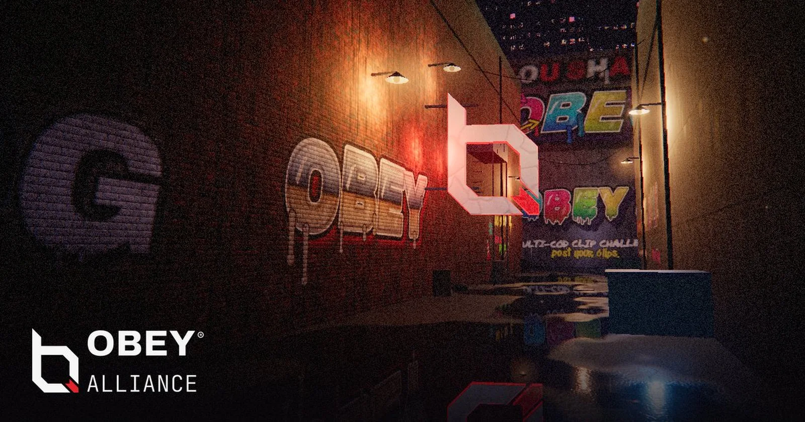 Obey Alliance website concept: a night alley covered in graffiti with the b mark lit in red