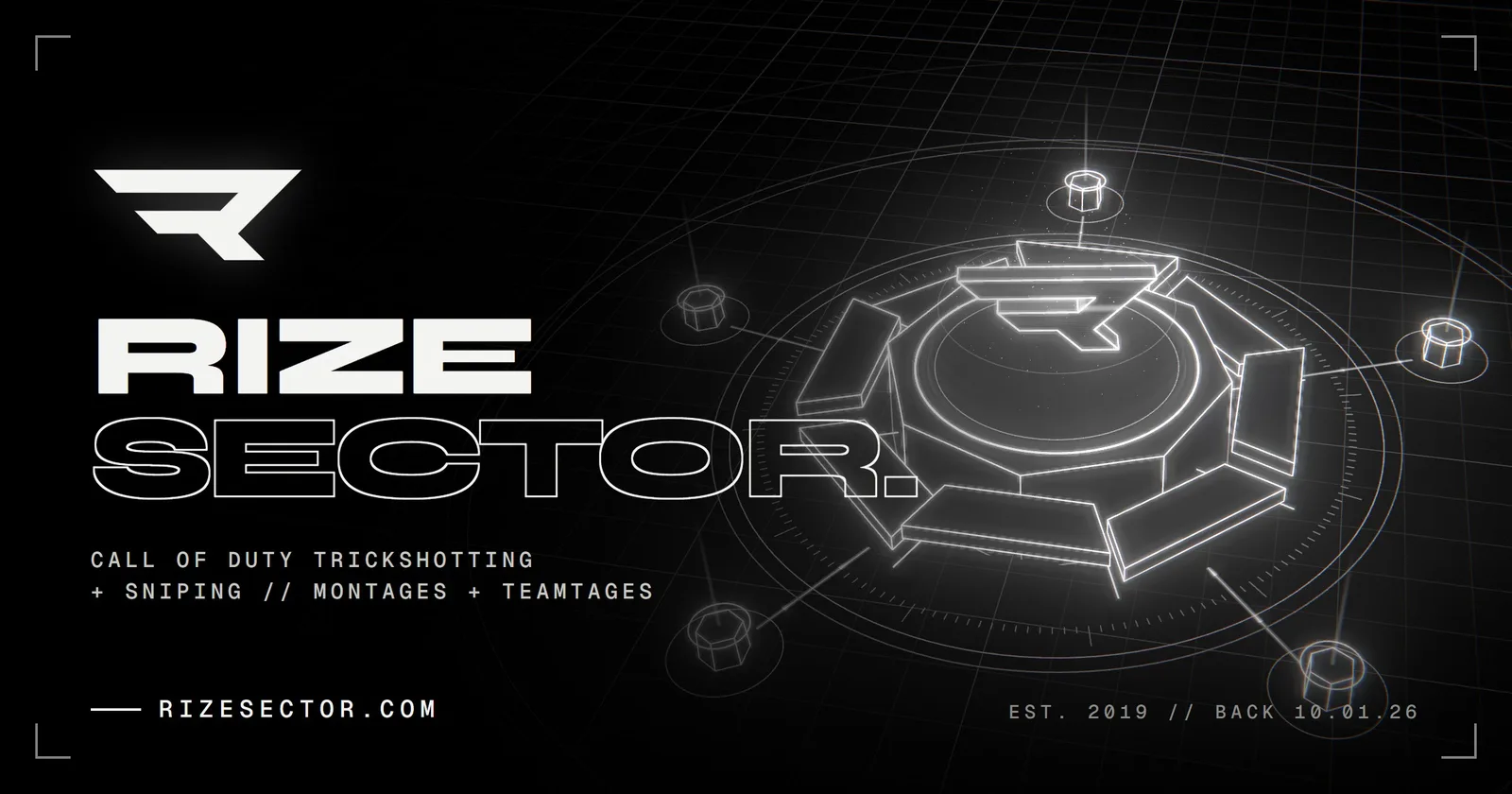 RIZE Sector website: the RIZE mark on a lit 3D hub